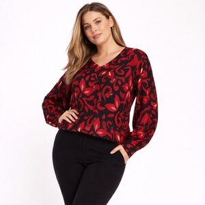 Karen Kane V-Neck Blouson Top Red Black Floral | Size 1X Lined Blouson Sleeves